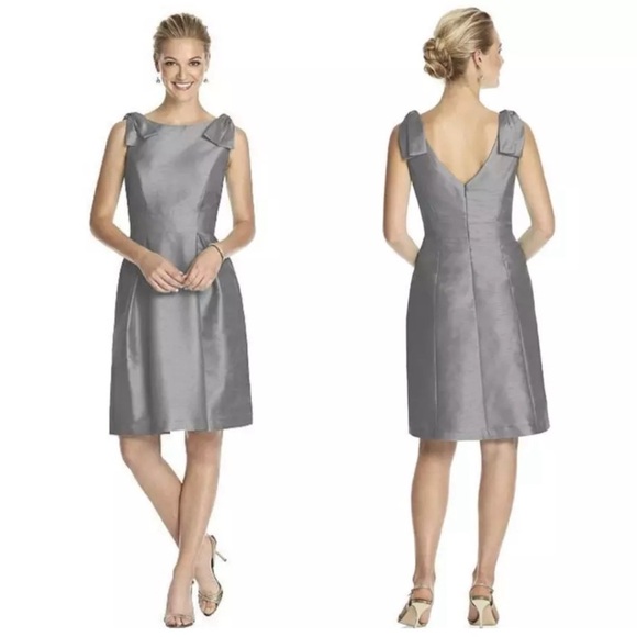 ALFRED SUNG Dupioni Cocktail Dress Bow Accents Sleeveless Silver Dove Sz 0 NWT - Picture 1 of 11